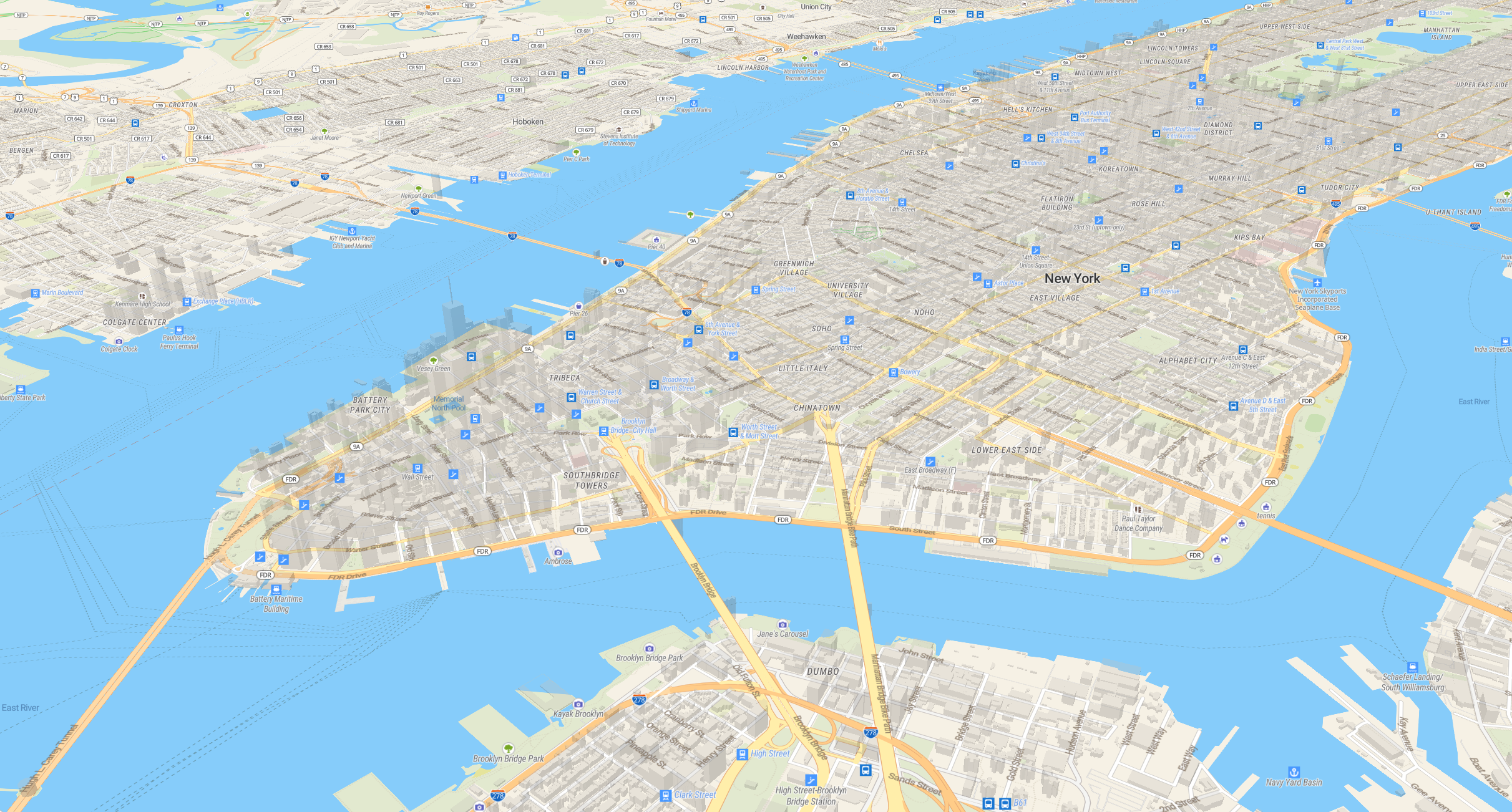 Tilted map view of Manhattan