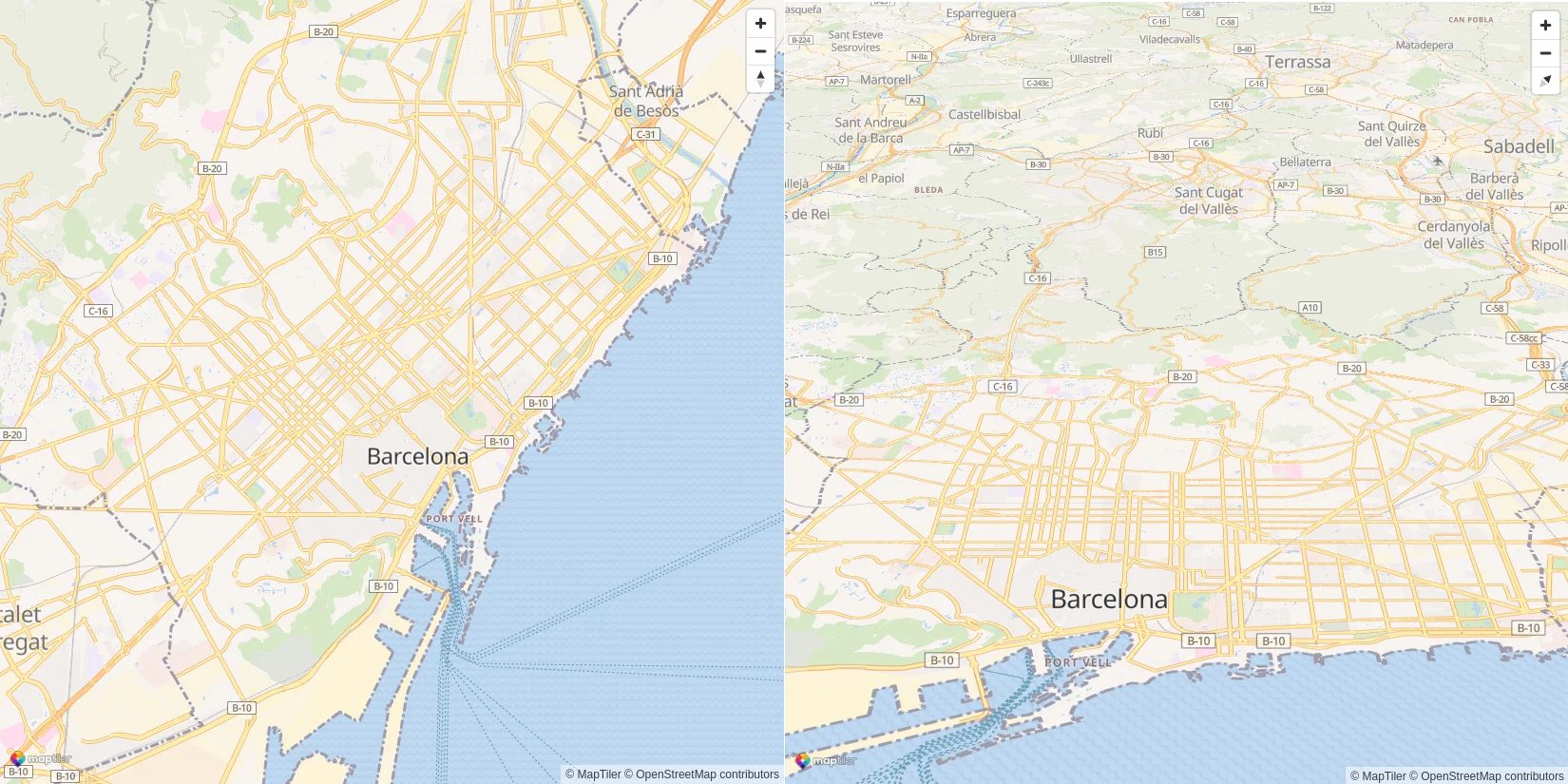 Map centered on Barcelona: without bearing and pitch (left), and with bearing and pitch (right).