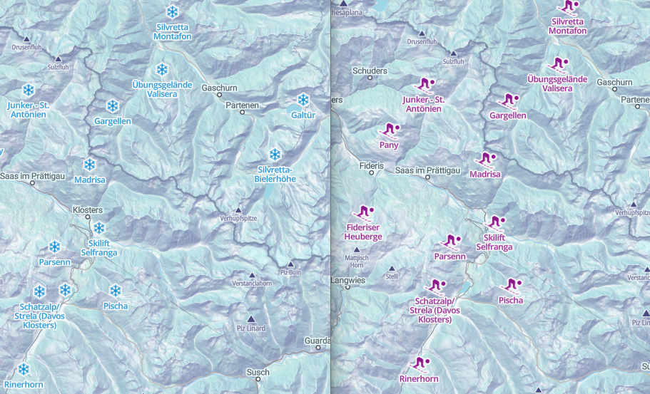 Standard catalog icons in our Winter map (left) vs custom icons