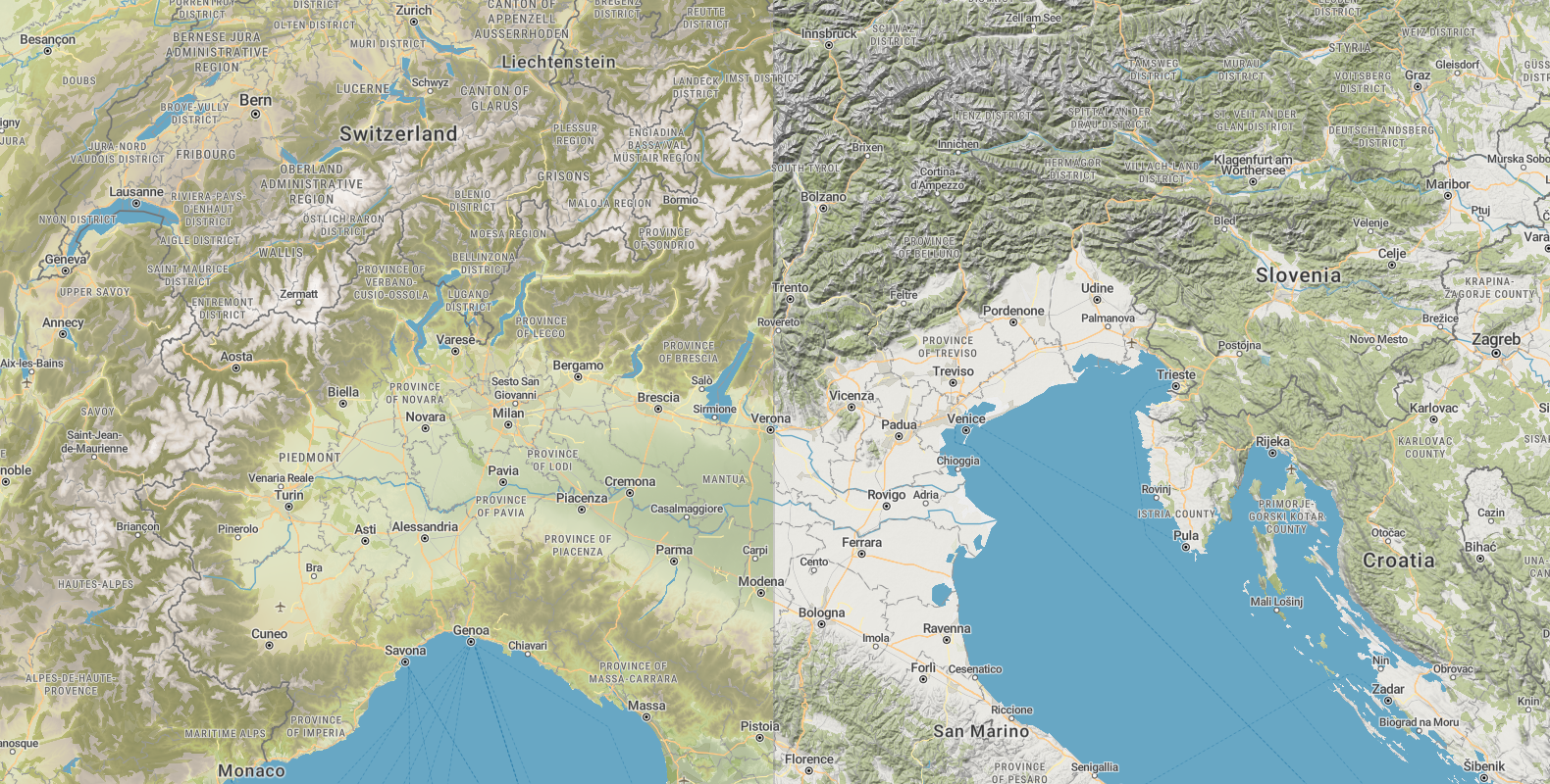 Map with and without color relief