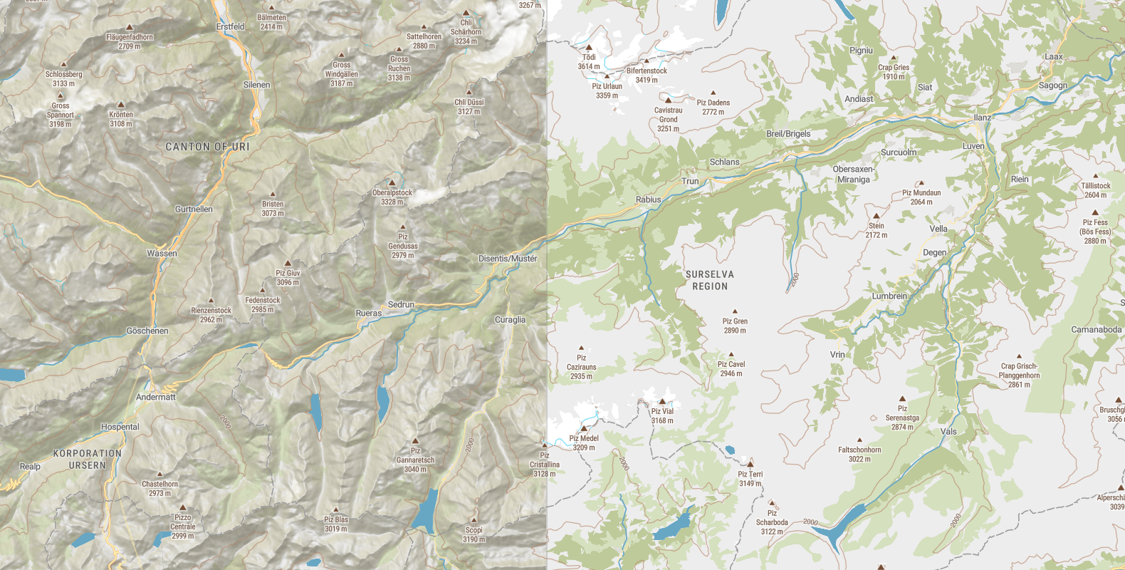 Map with and without hillshade