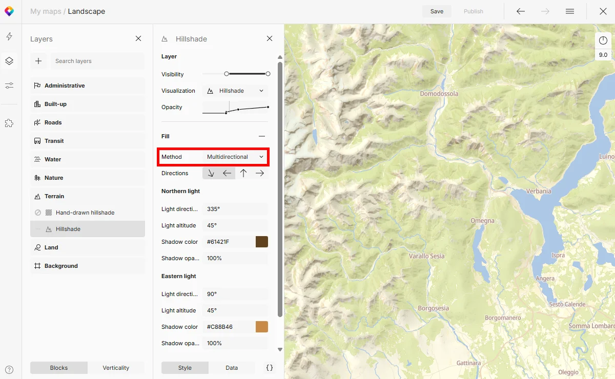 Multidirectional hillshading method