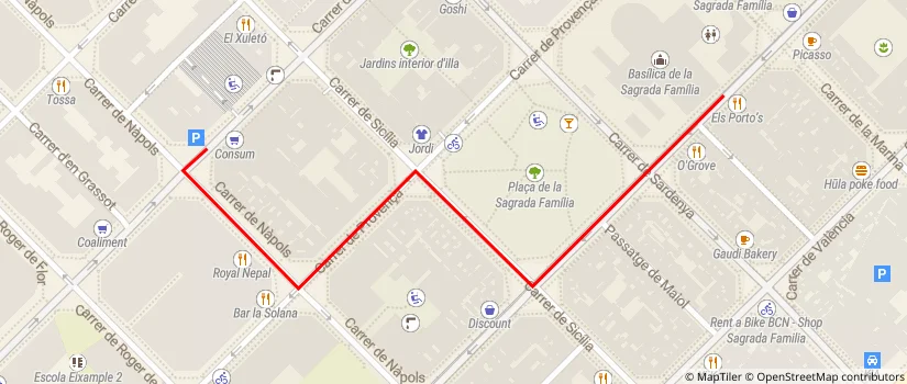 make map with a line to get from a parking lot to a restaurant