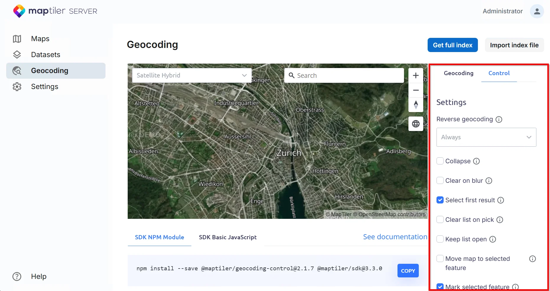 Geocoding control configuration