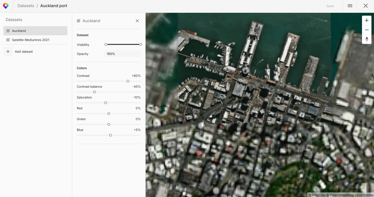 Virtual Tileset Editor: A drone image over medium-res satellite after color toning