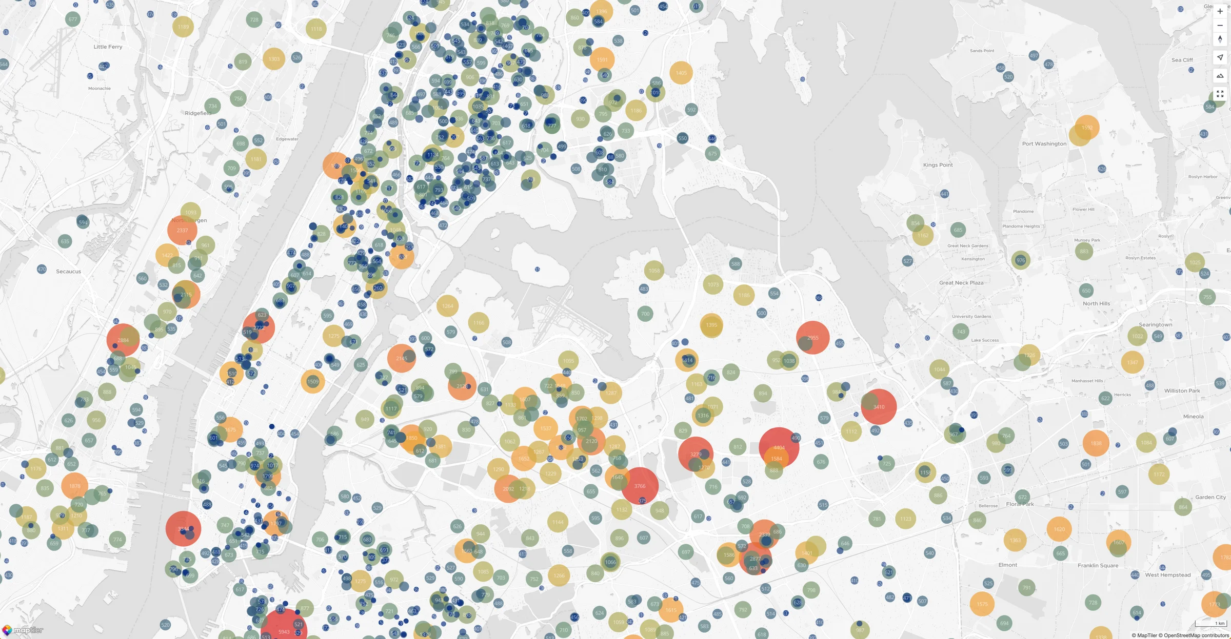 NY schools non-linear exponential color ramp data visualization with a larger range