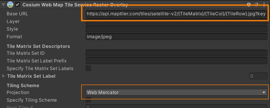 Unity configure CesiumWebMapTileServiceRasterOverlay url and mercator